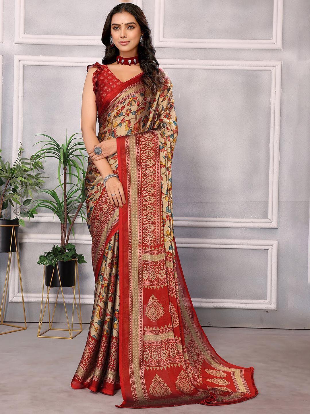 here&now red floral pure chiffon designer saree