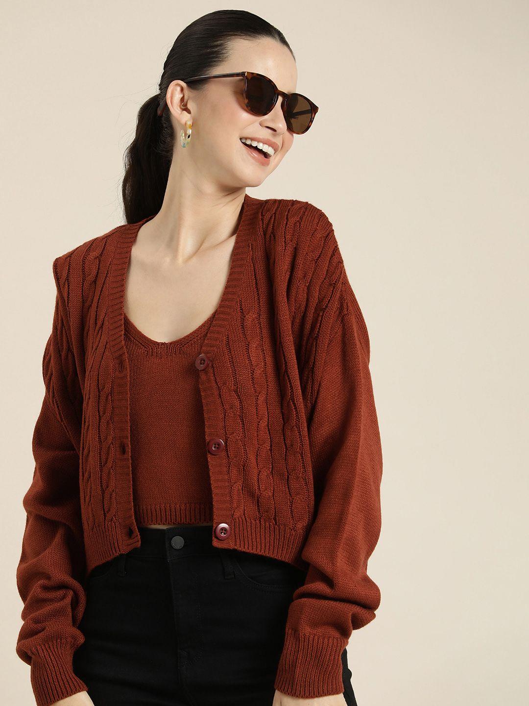 here&now round neck cable knit cardigan with top