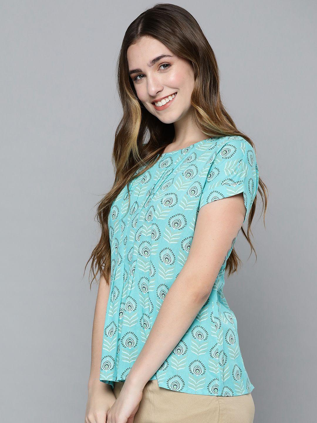 here&now sea green & white printed pure cotton extended sleeves top