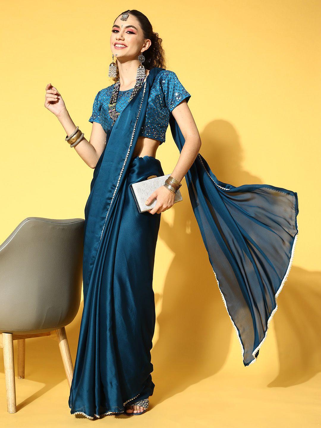 here&now solid satin saree with embroidered border
