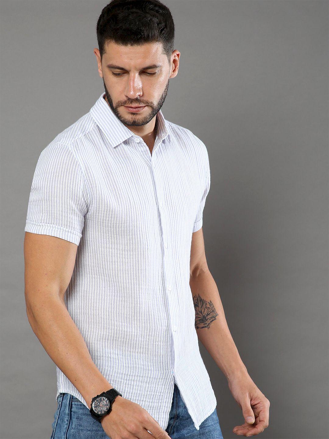 here&now striped spread collar cotton slim fit casual shirt