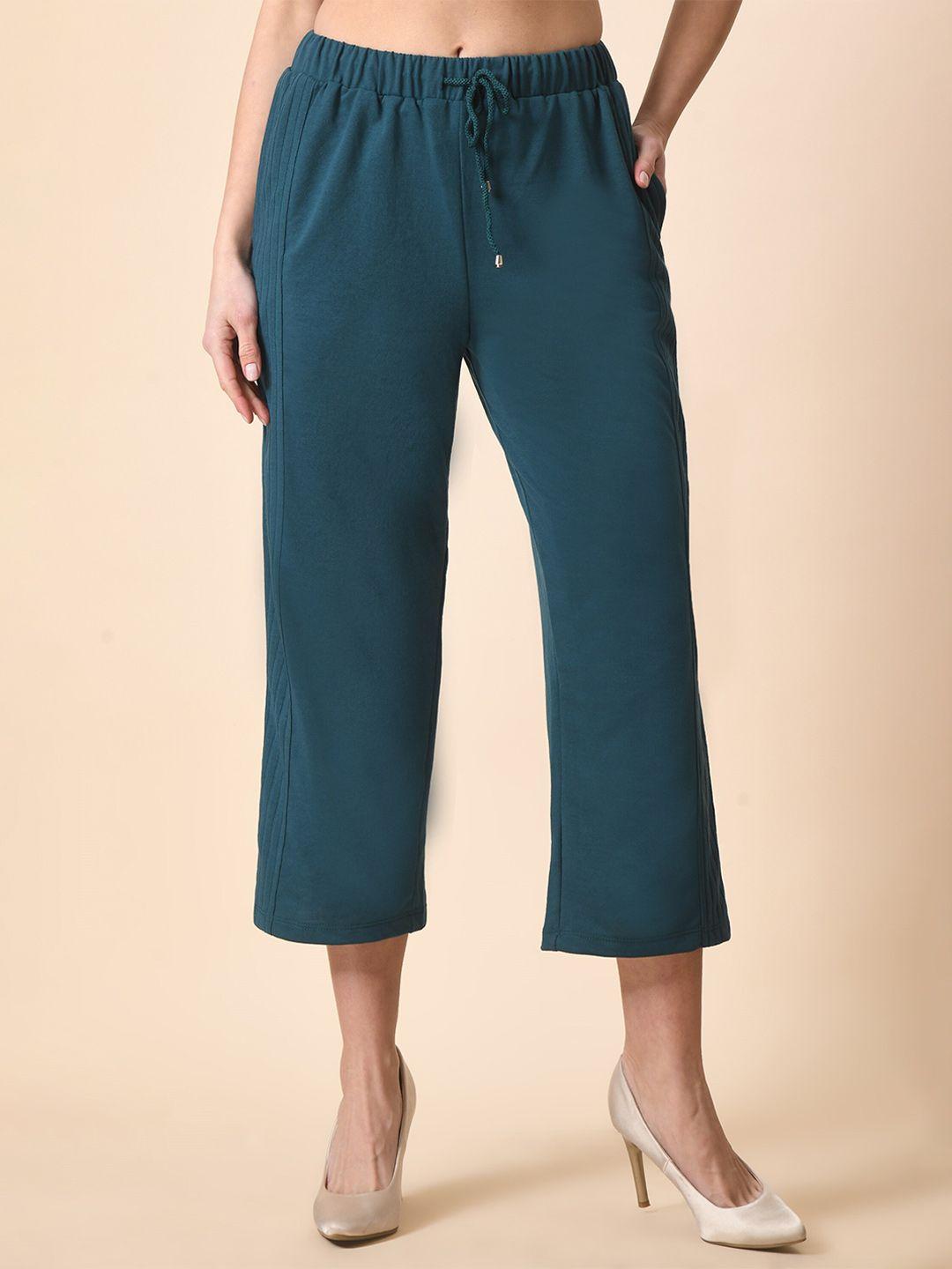 here&now teal green women three-fourth length pleated culottes trouser