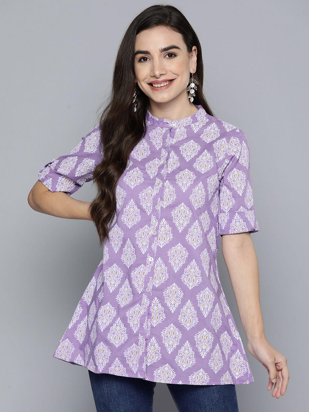 here&now violet & white ethnic motifs printed pure cotton kurti