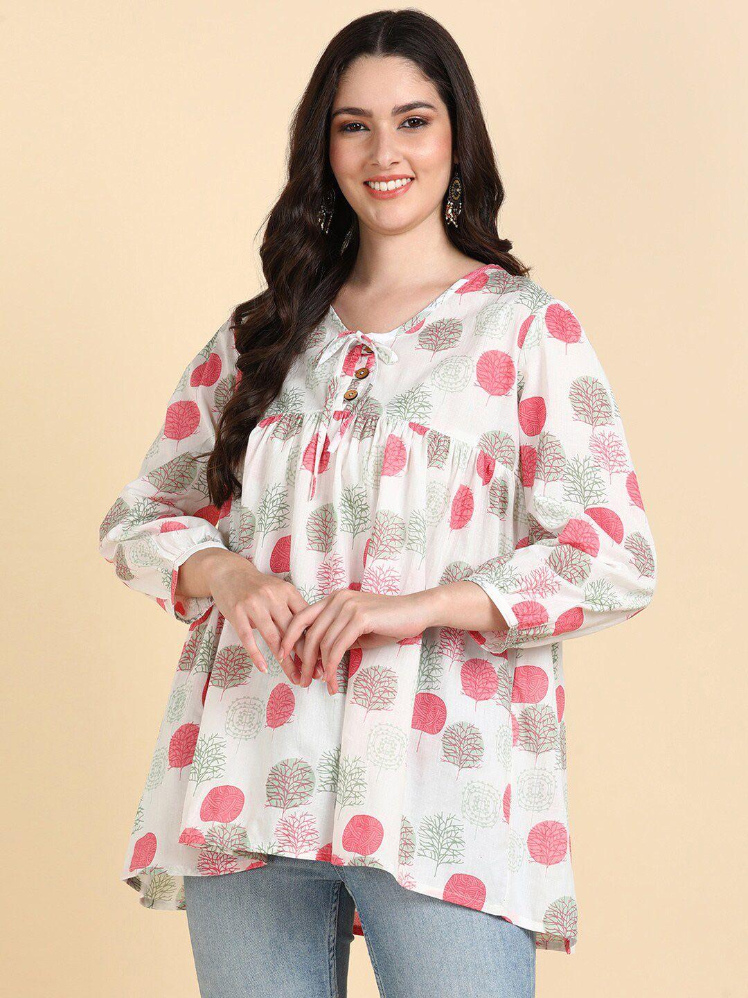 here&now white & coral floral printed v-neck pure cotton pleated kurti