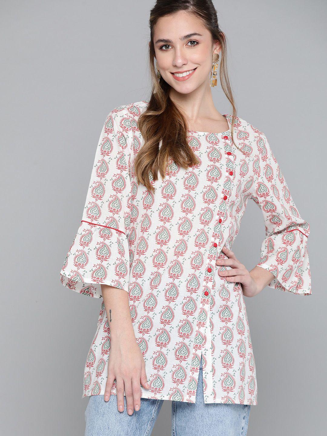 here&now white & red ethnic motifs print flared sleeves pure cotton kurti