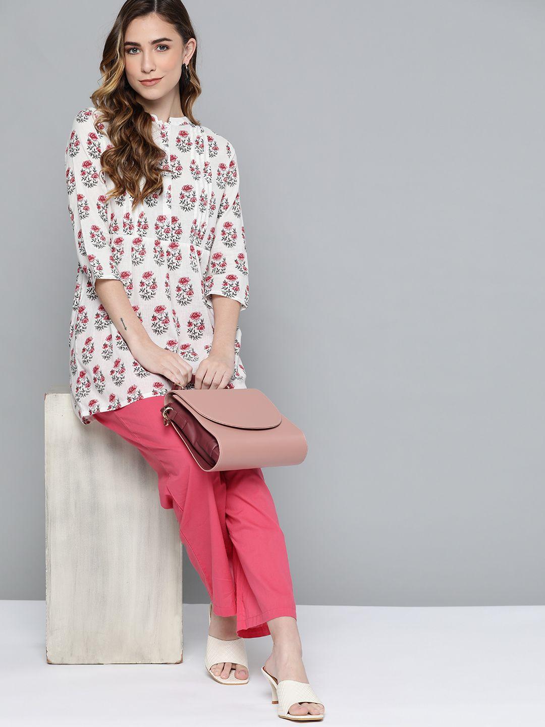 here&now white & red ethnic motifs print pure cotton pleated kurti