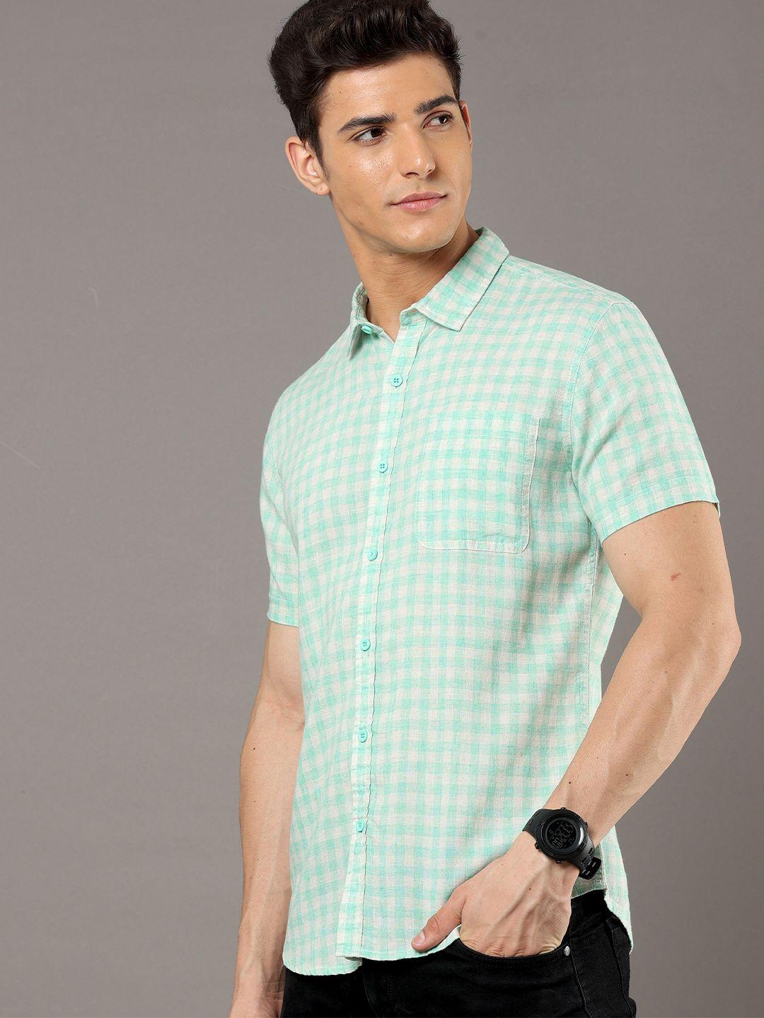 here&now white & sea green colour gingham checked slim fit cotton casual shirt