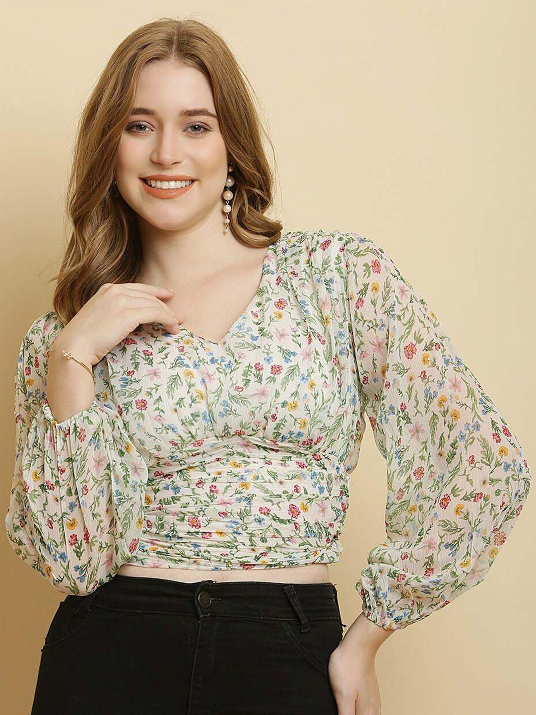 here&now white floral print chiffon crop top