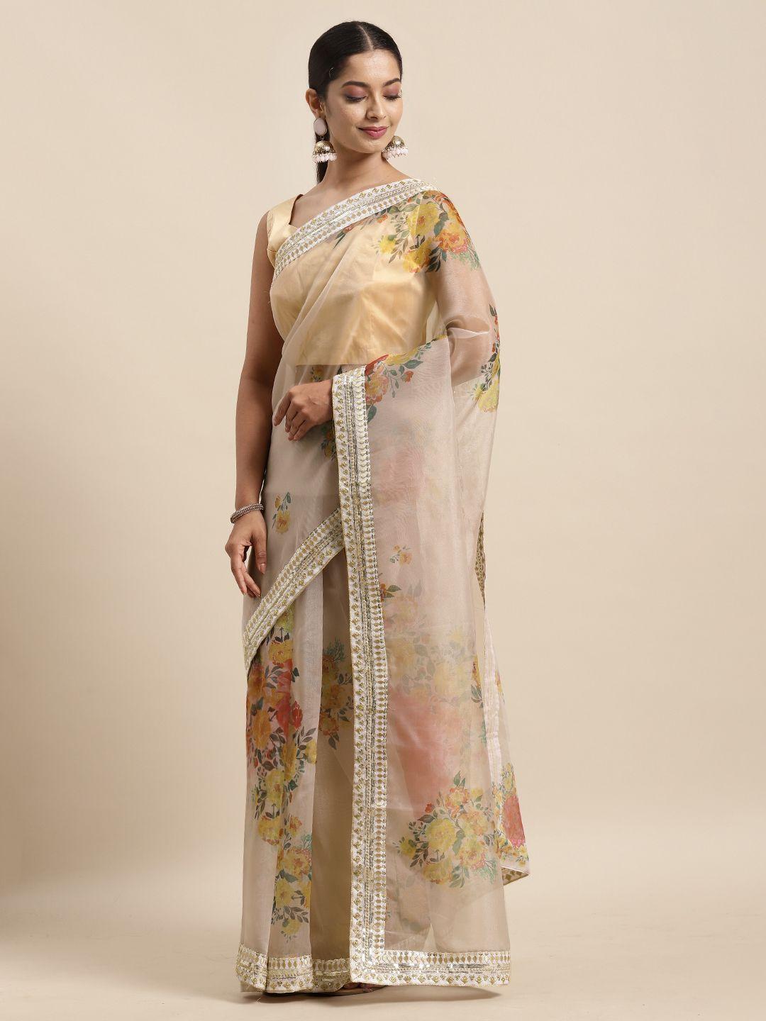 here&now white floral printed sequinned organza saree
