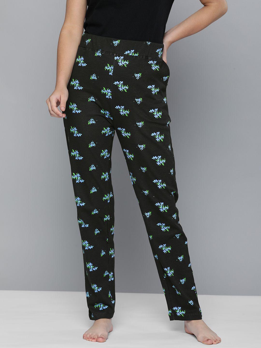 here&now women black & blue floral printed pure cotton lounge pants