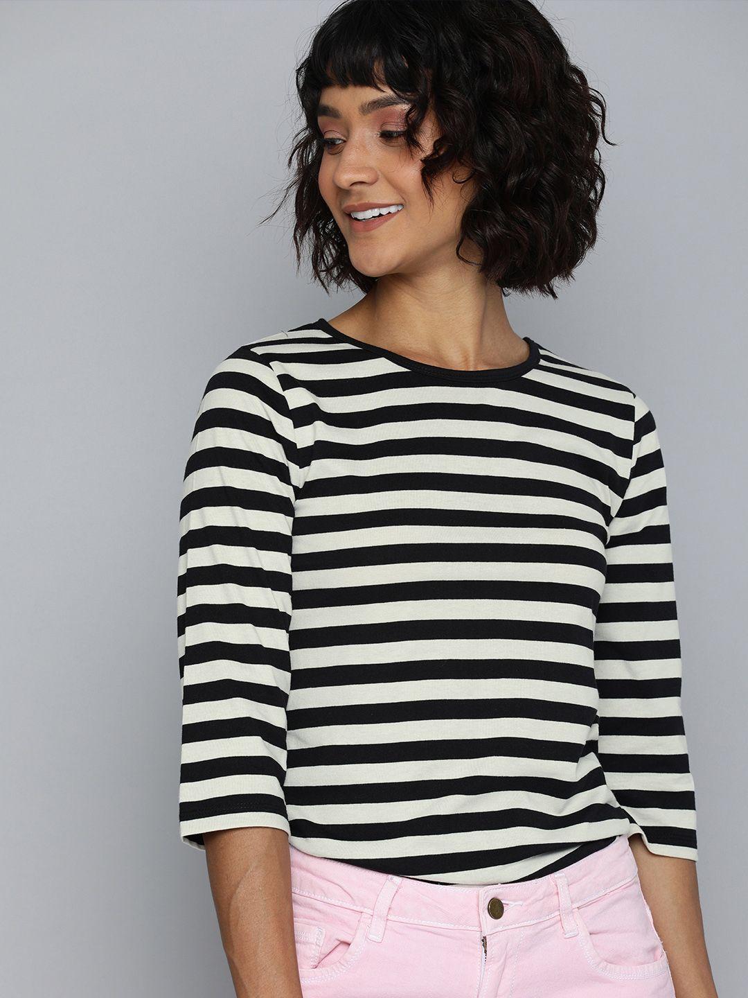 here&now women black & grey striped round neck t-shirt