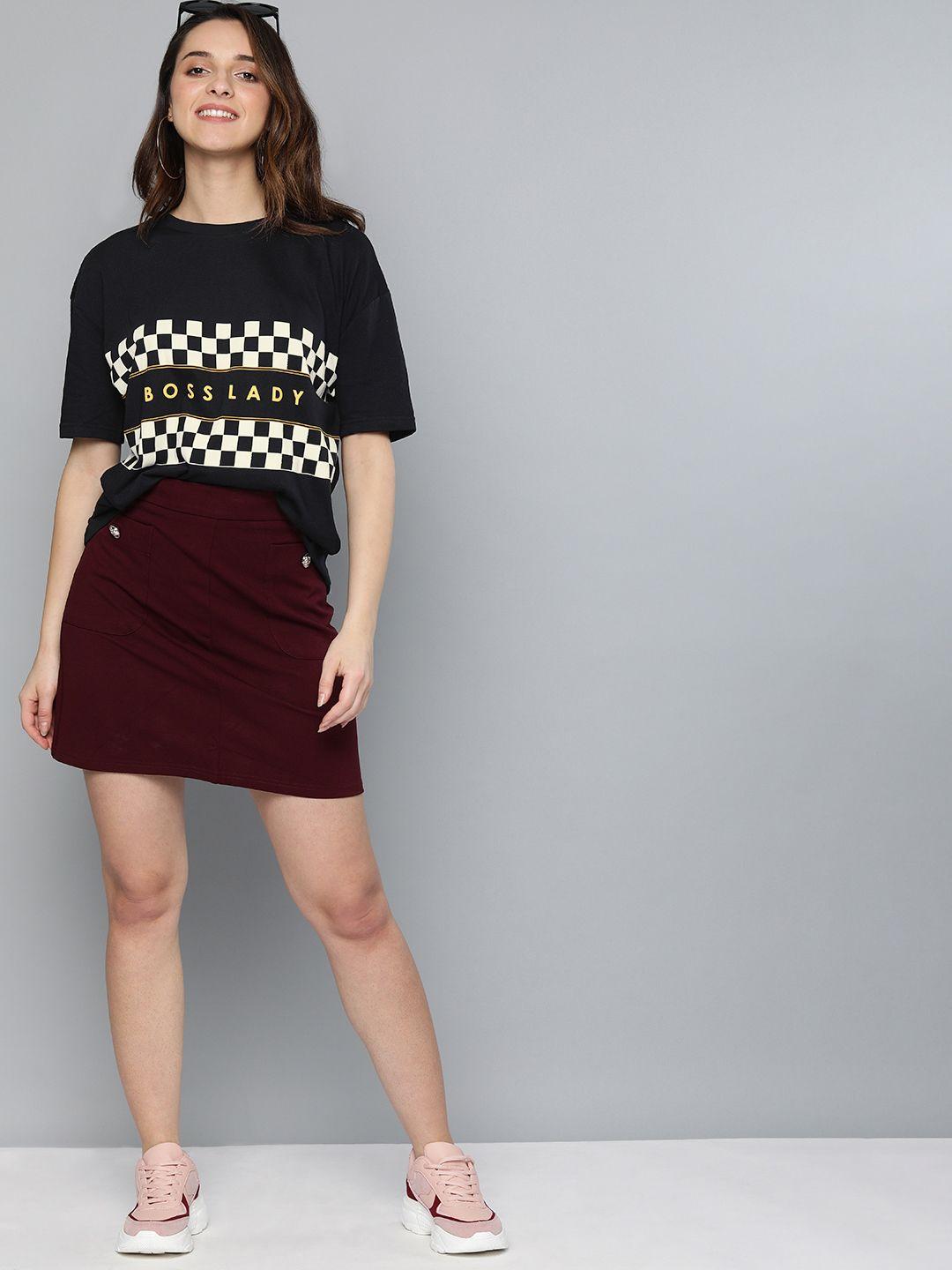 here&now women black checked round neck t-shirt