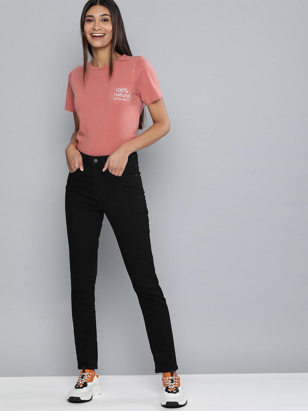 here&now women black skinny fit high-rise clean look stretchable jeans