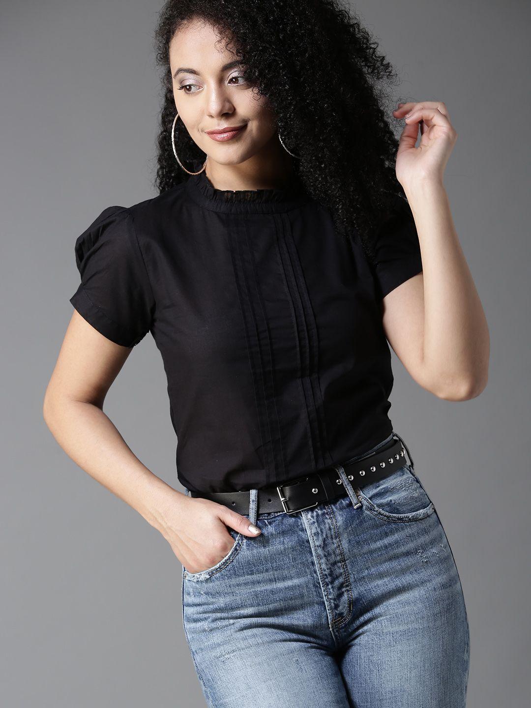 here&now women black solid pure cotton top
