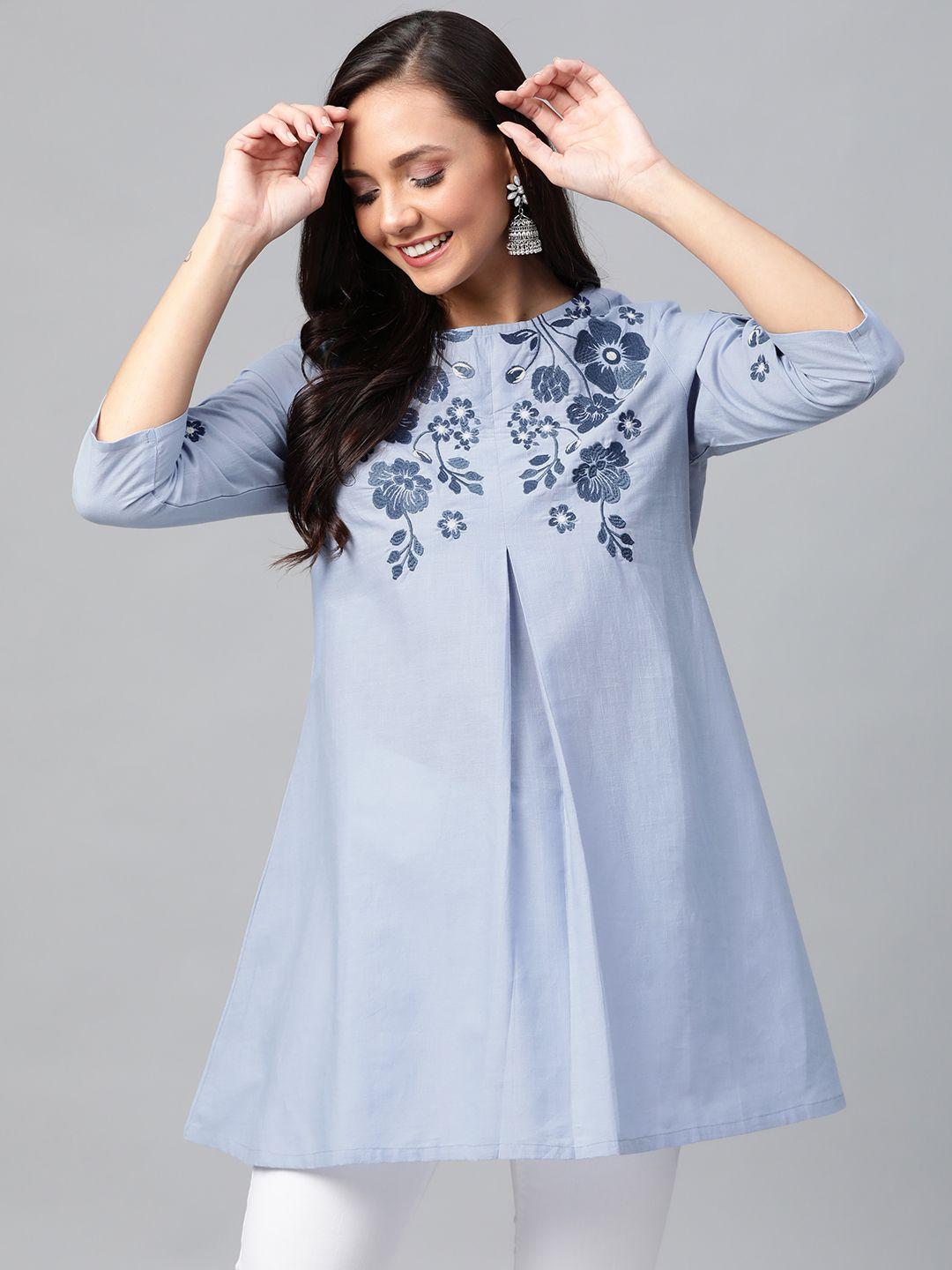 here&now women blue embroidered pure cotton a-line kurti