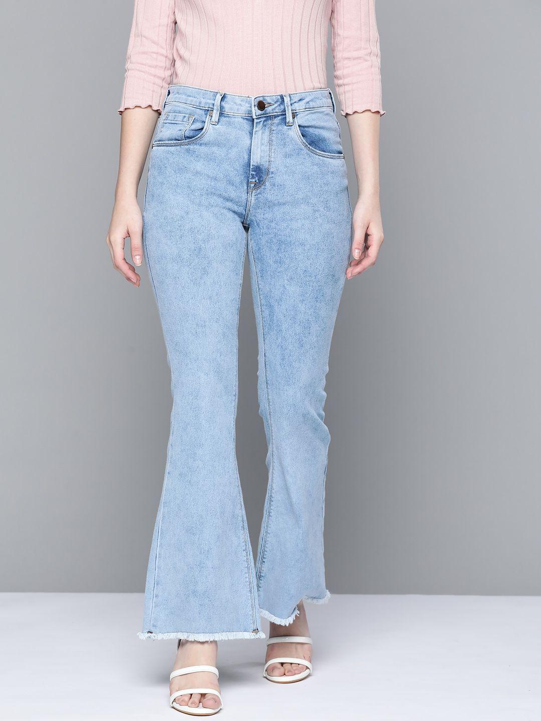 here&now women blue flared high-rise heavy fade stretchable jeans