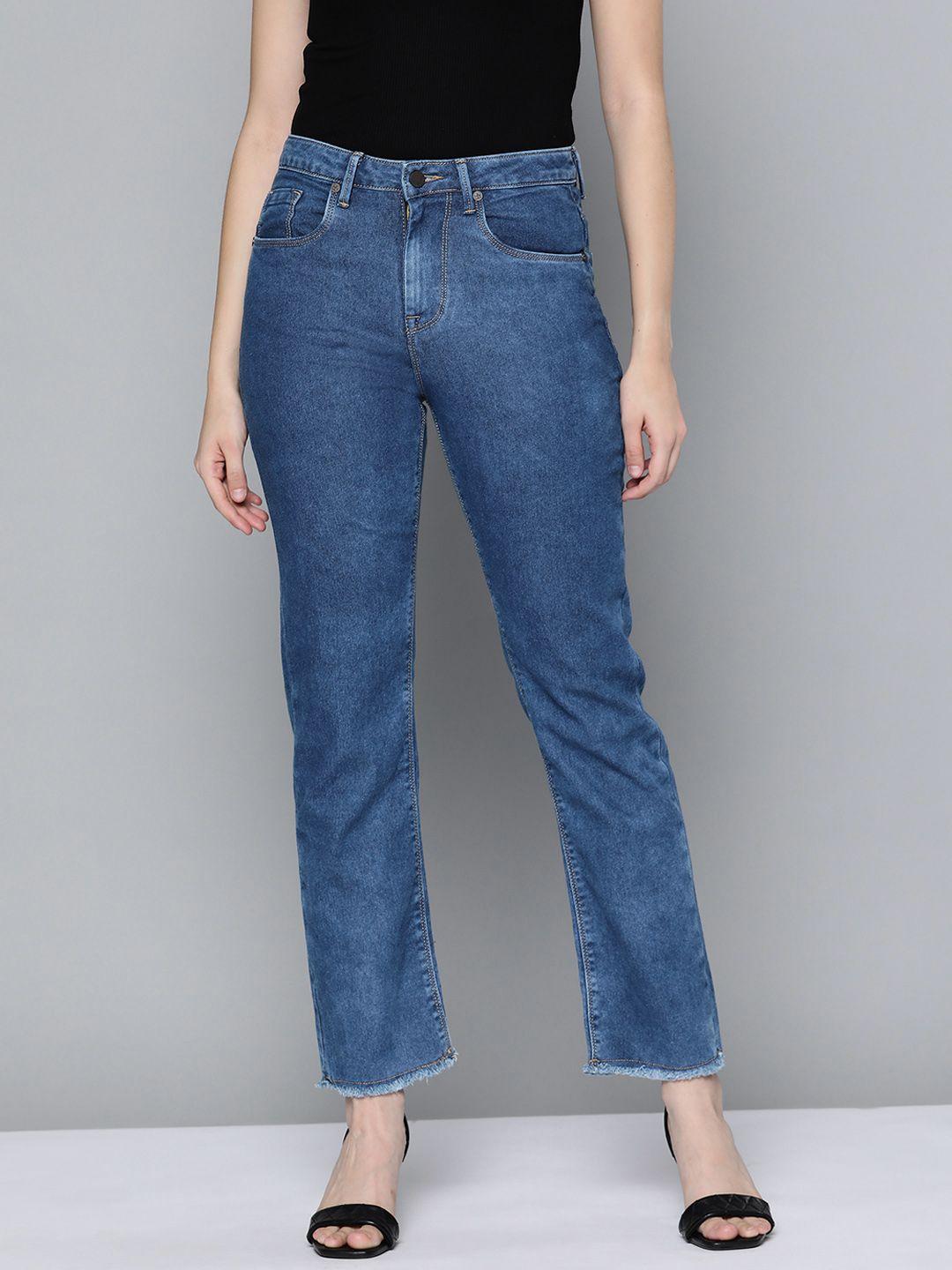 here&now women blue straight fit high-rise stretchable jeans
