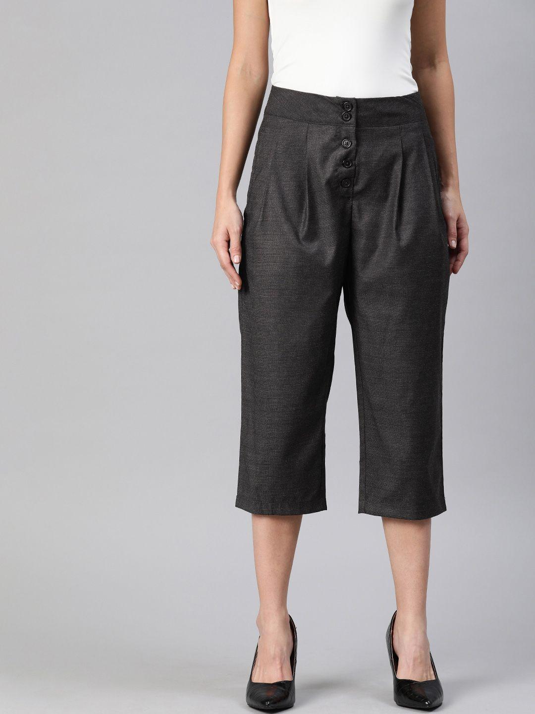 here&now women charcoal grey regular fit solid regular three-fourth trousers