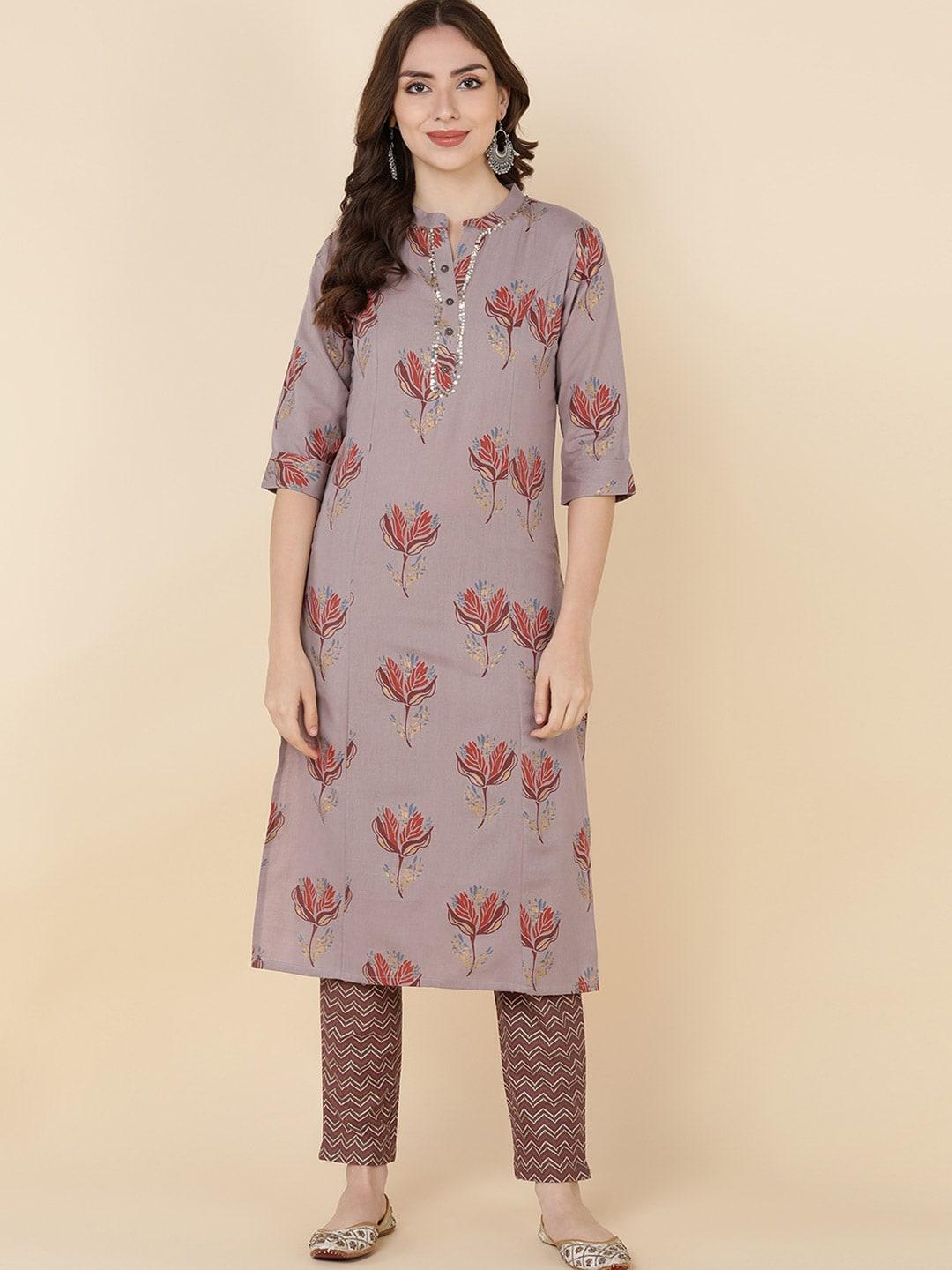 here&now women coffee brown floral embroidered straight kurta with trousers