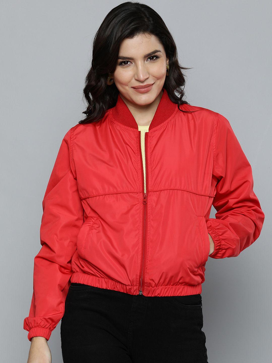 here&now women coral red solid bomber jacket