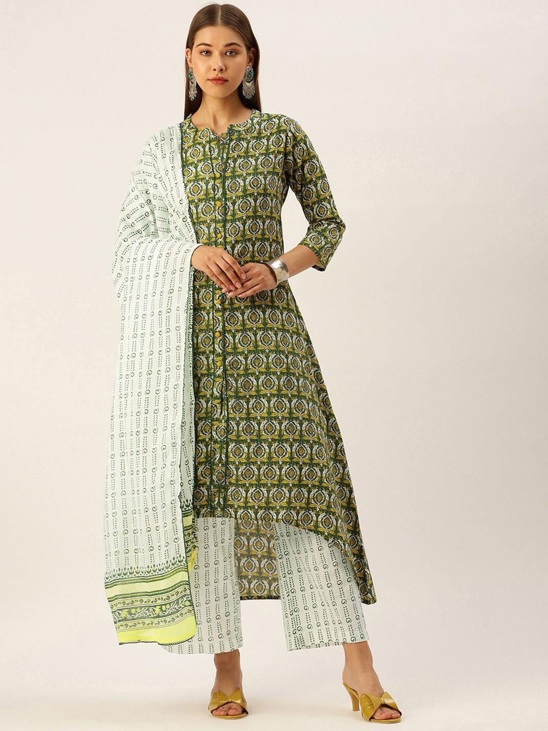 here&now women ethnic motifs printed empire pure cotton kurta with palazzos & with dupatta