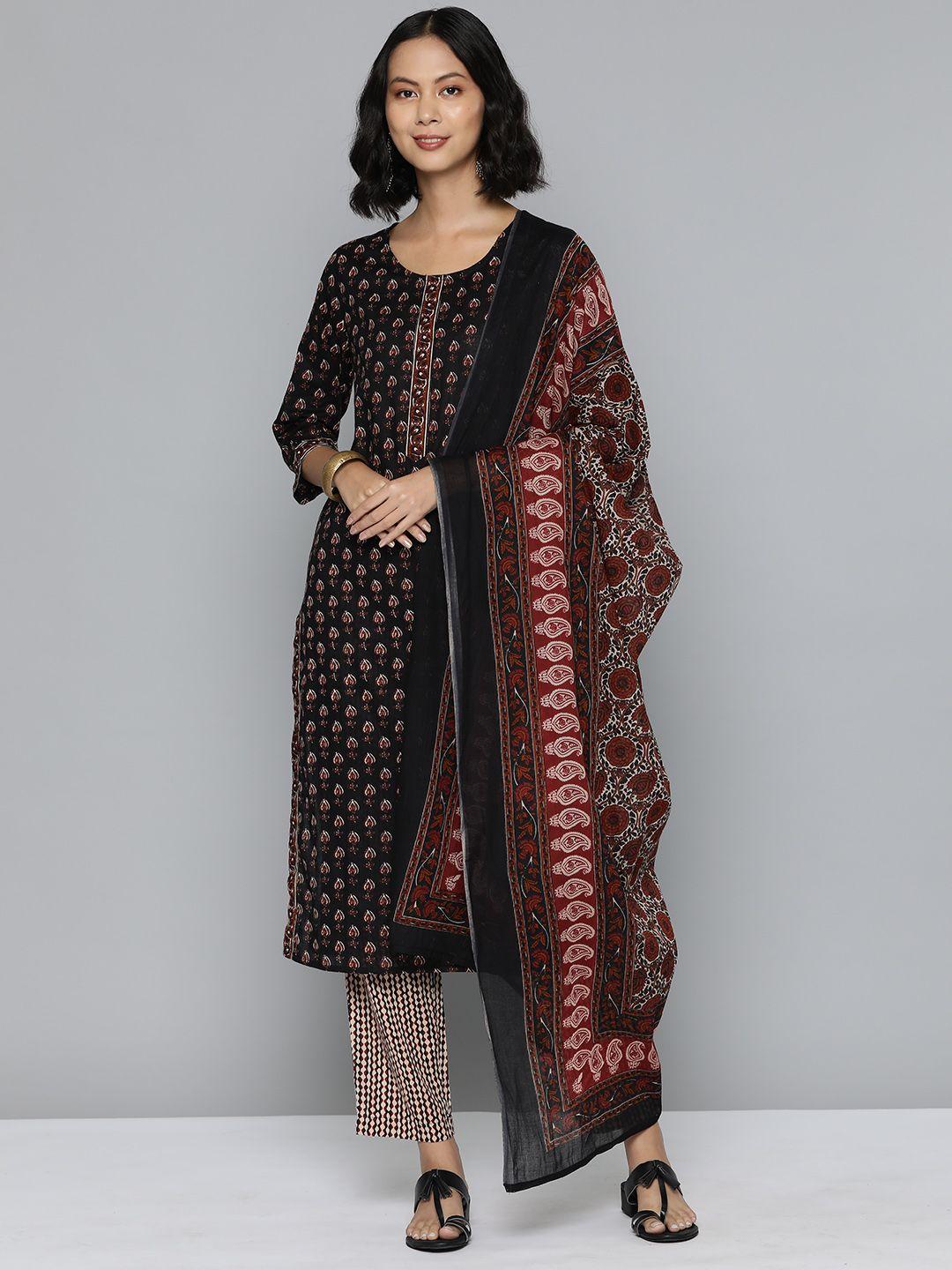 here&now women ethnic motifs printed pure cotton kurta with trousers & dupatta