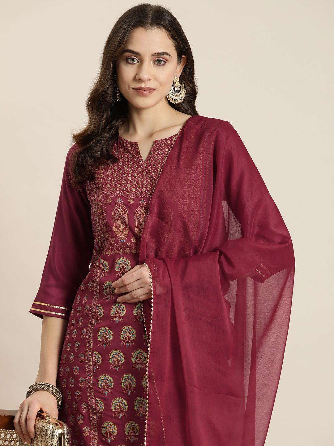 here&now women ethnic motifs printed regular kurta with trousers & with dupatta