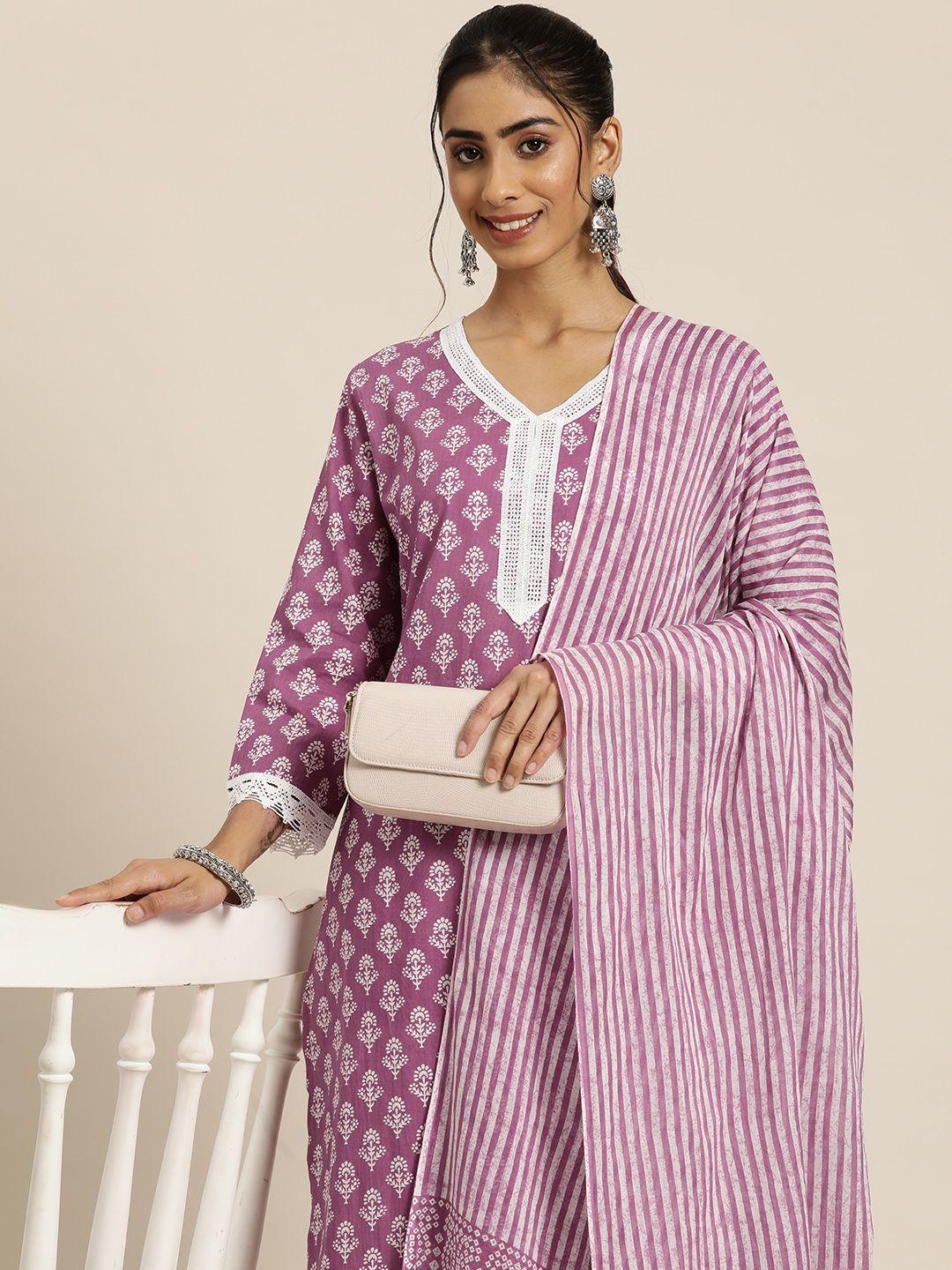 here&now women ethnic motifs printed regular pure cotton kurta with palazzos & dupatta