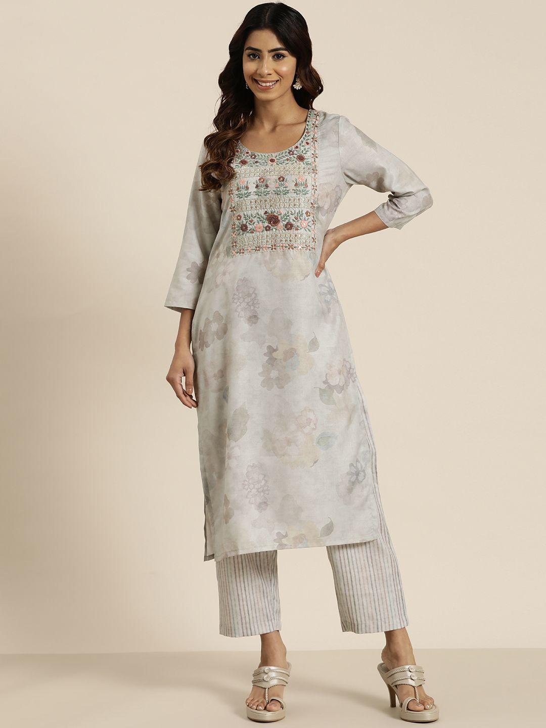 here&now women floral embroidered regular sequinned kurta with trousers