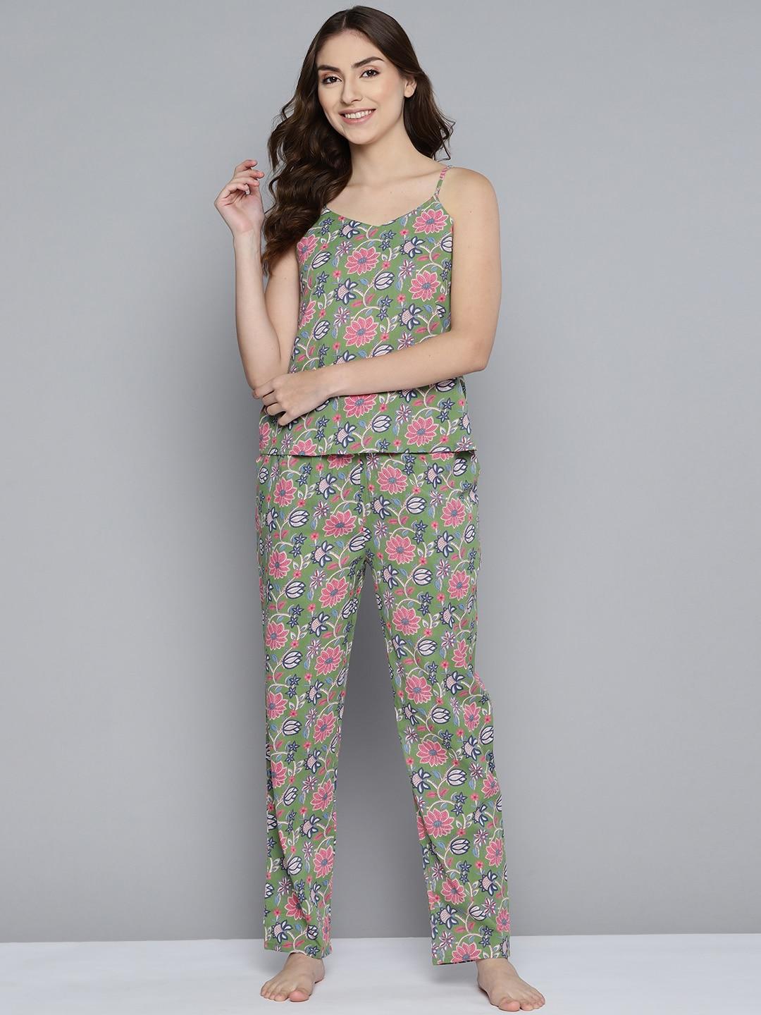 here&now women green & pink printed pure cotton night suit