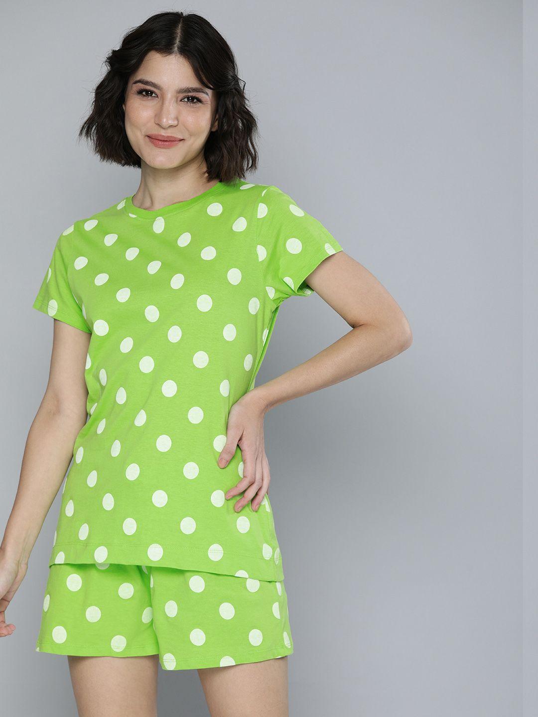 here&now women green & white polka dot printed casual night suit