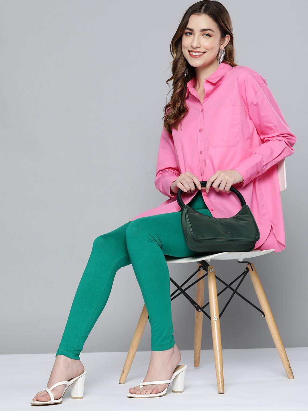 here&now women green solid ankle length treggings