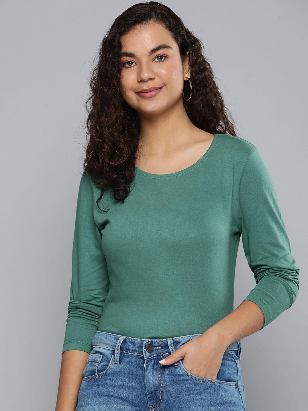 here&now women green solid pure cotton t-shirt