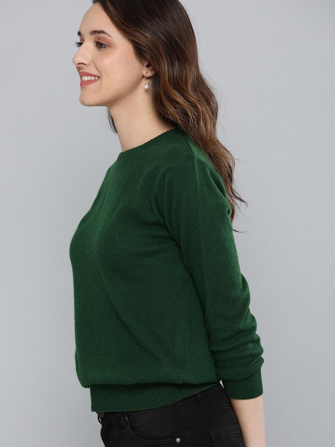 here&now women green solid woolen pullover sweater