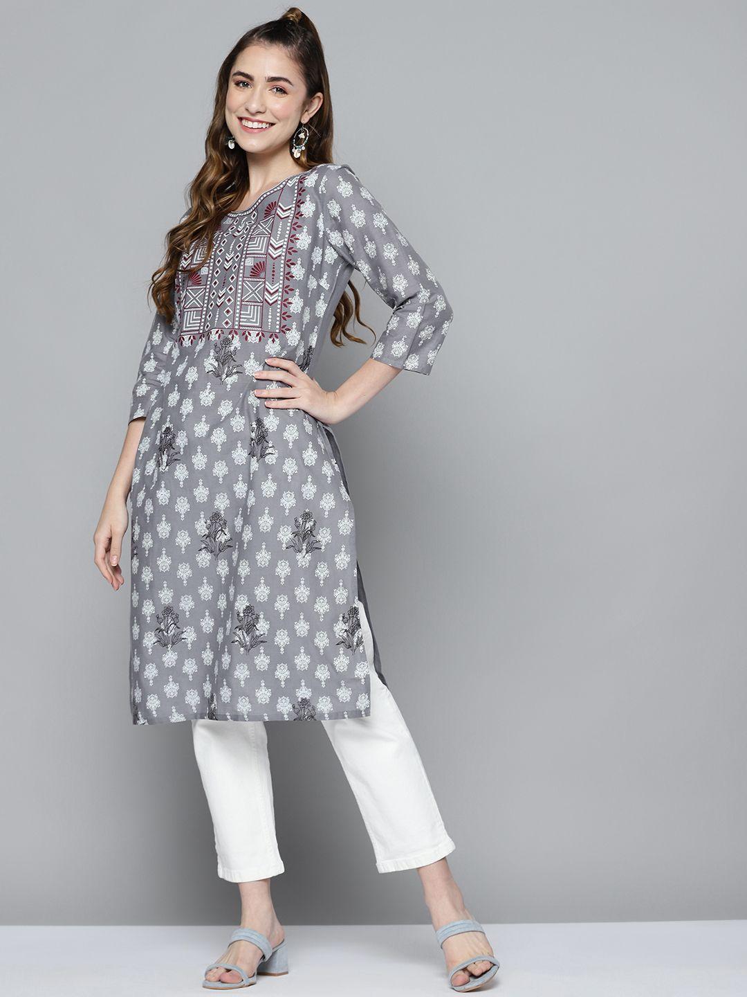 here&now women grey & white pure cotton ethnic motifs printed kurta