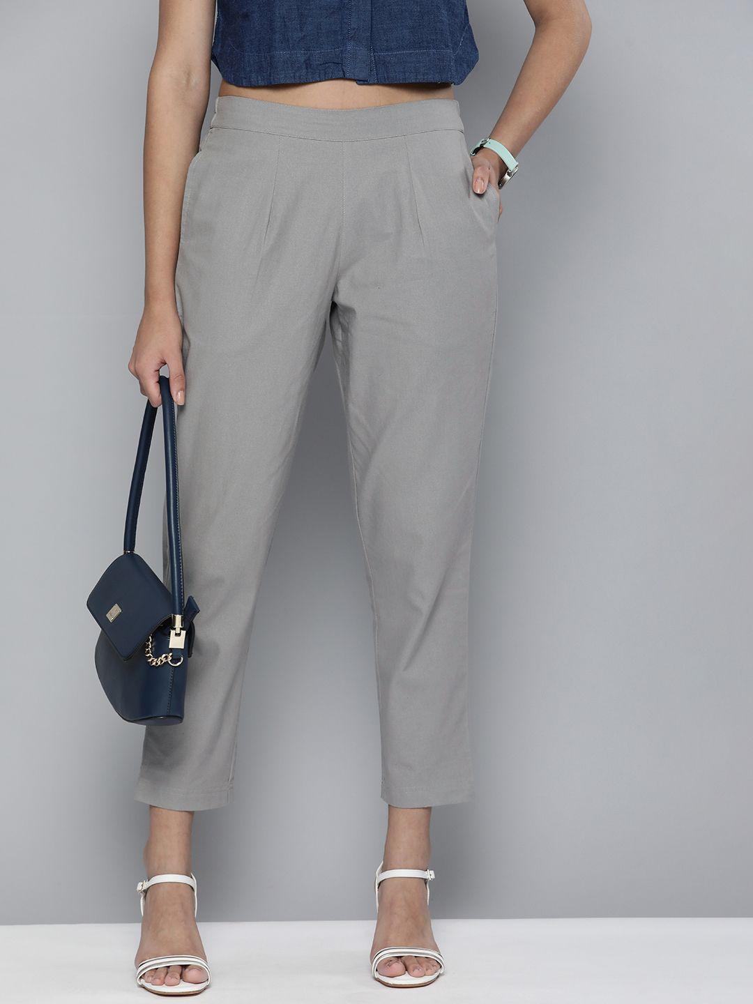 here&now women grey pleated straight fit trousers