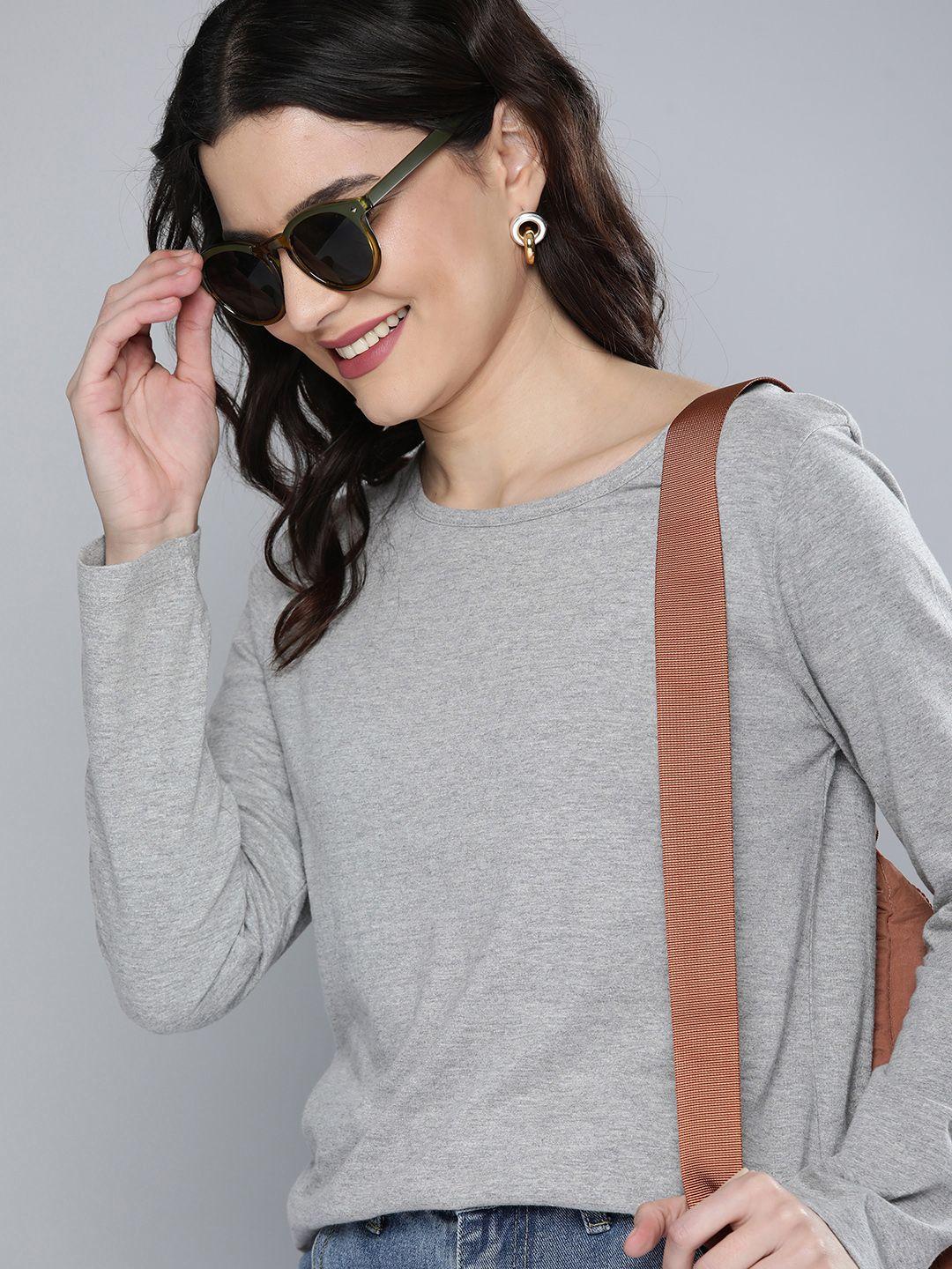 here&now women grey solid long sleeved t-shirt