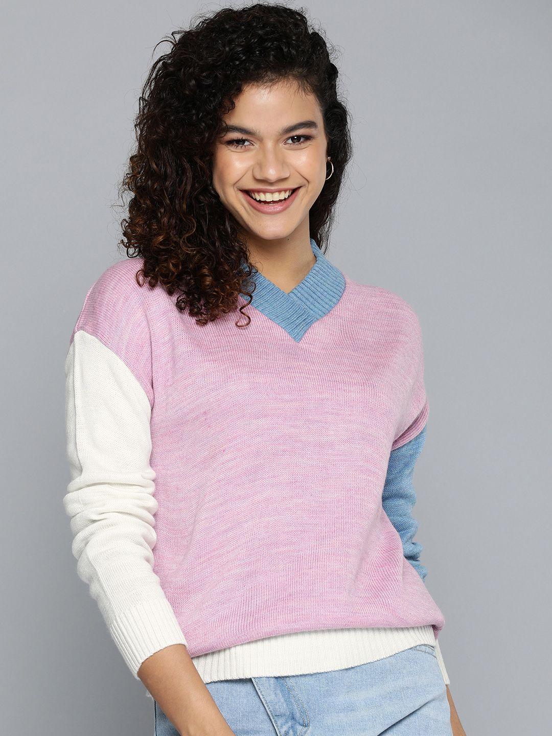 here&now women lavender & blue colourblocked acrylic pullover