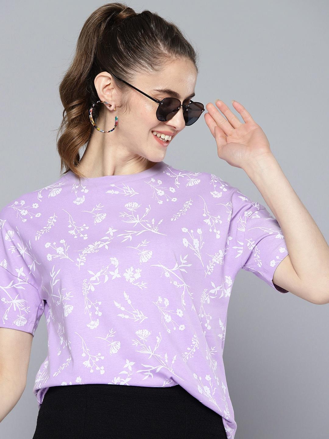 here&now women lavender & white cotton floral printed drop-shoulder sleeves t-shirt