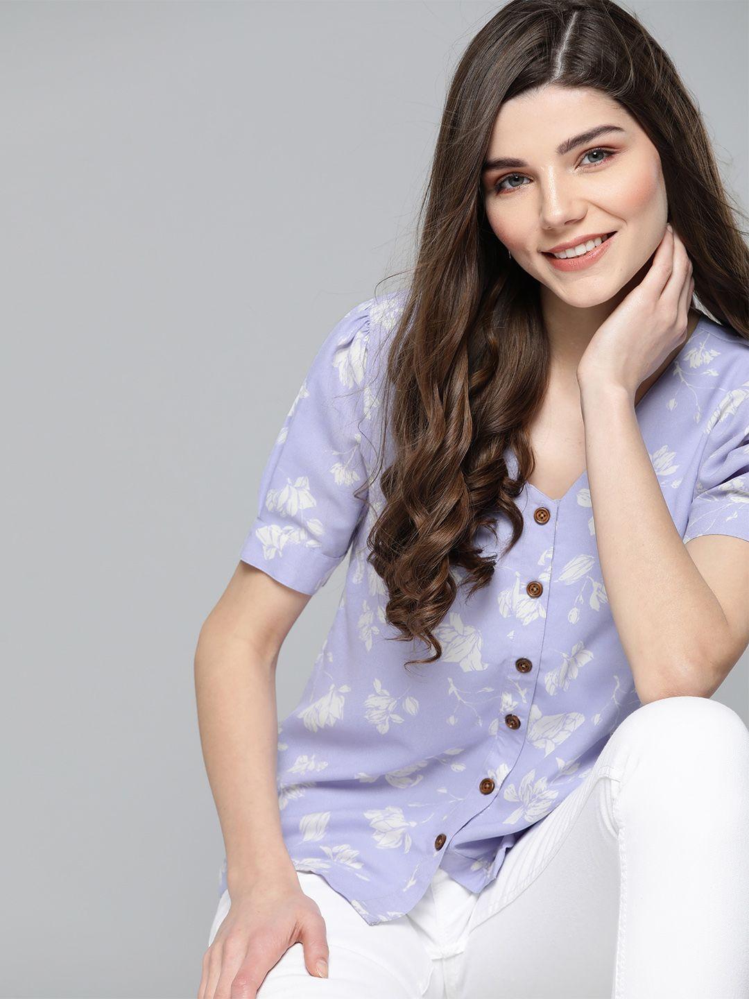 here&now women lavender & white floral printed top