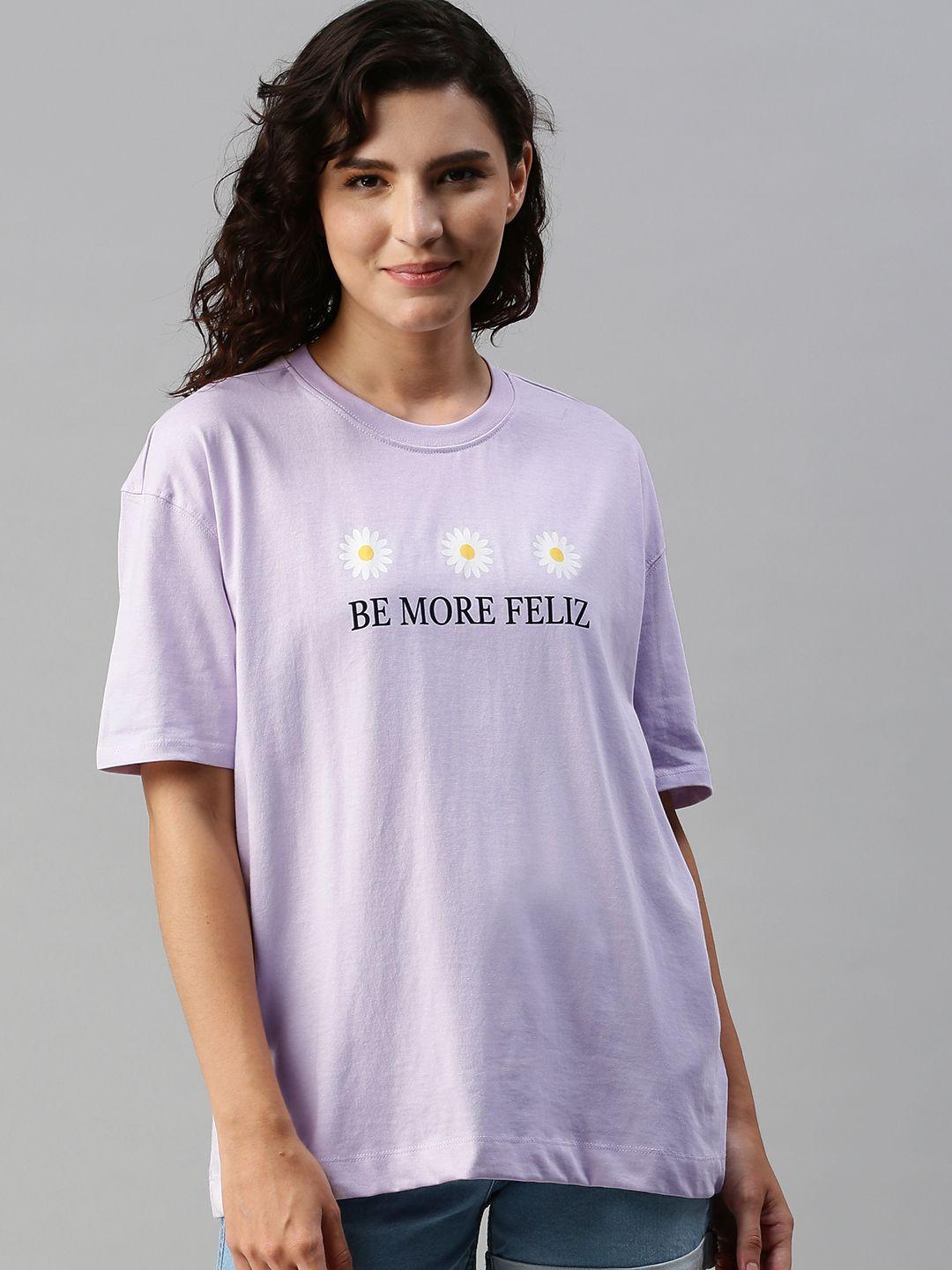 here&now women lavender typography printed drop-shoulder sleeves t-shirt