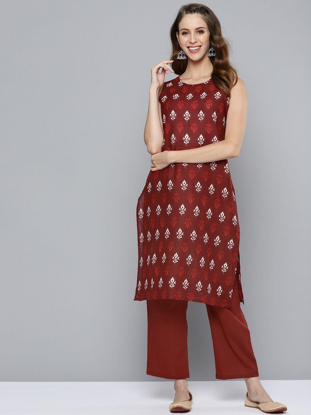 here&now women maroon & white motifs print pure cotton straight kurta with palazzos