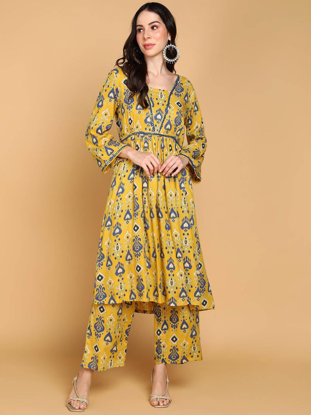 here&now women mustard yellow ethnic motifs printed regular kurta with palazzos