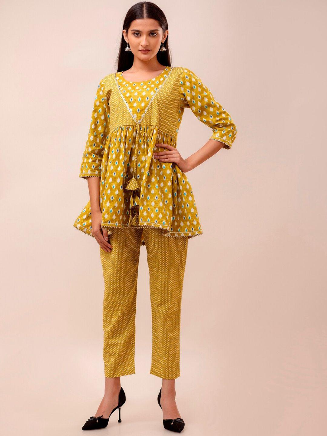 here&now women mustard yellow floral printed kurta