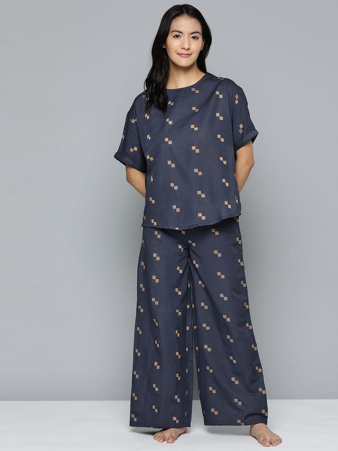 here&now women navy blue & beige printed pyjama set