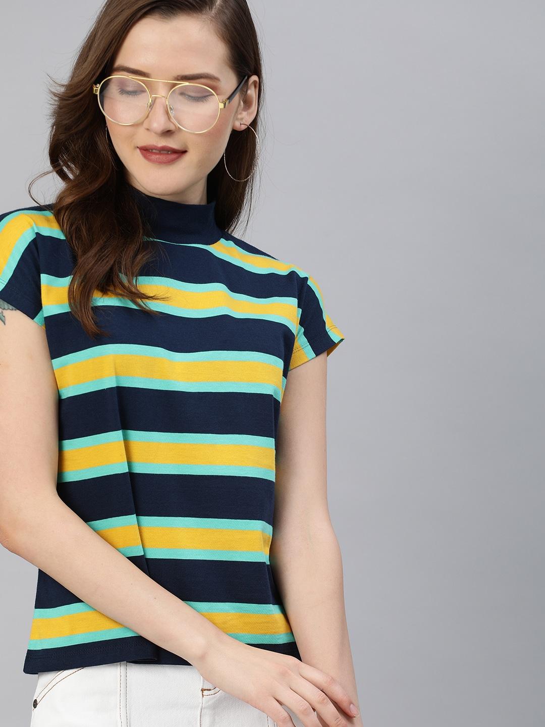 here&now women navy blue & mustard yellow striped high neck t-shirt