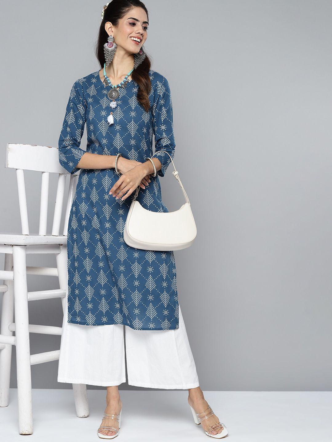 here&now women navy blue & white geometric printed pure cotton kurta
