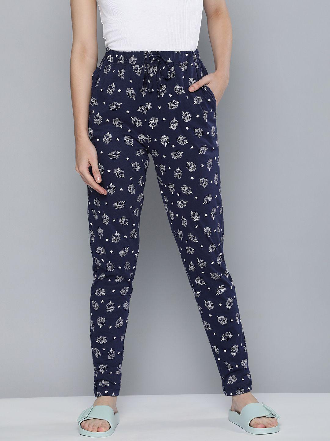 here&now women navy blue & white printed pure cotton lounge pants