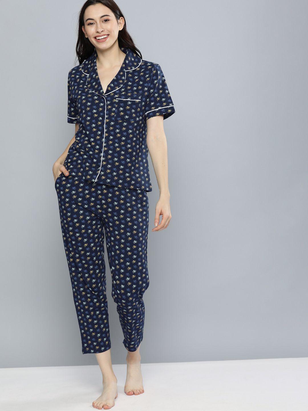 here&now women navy blue printed night suit