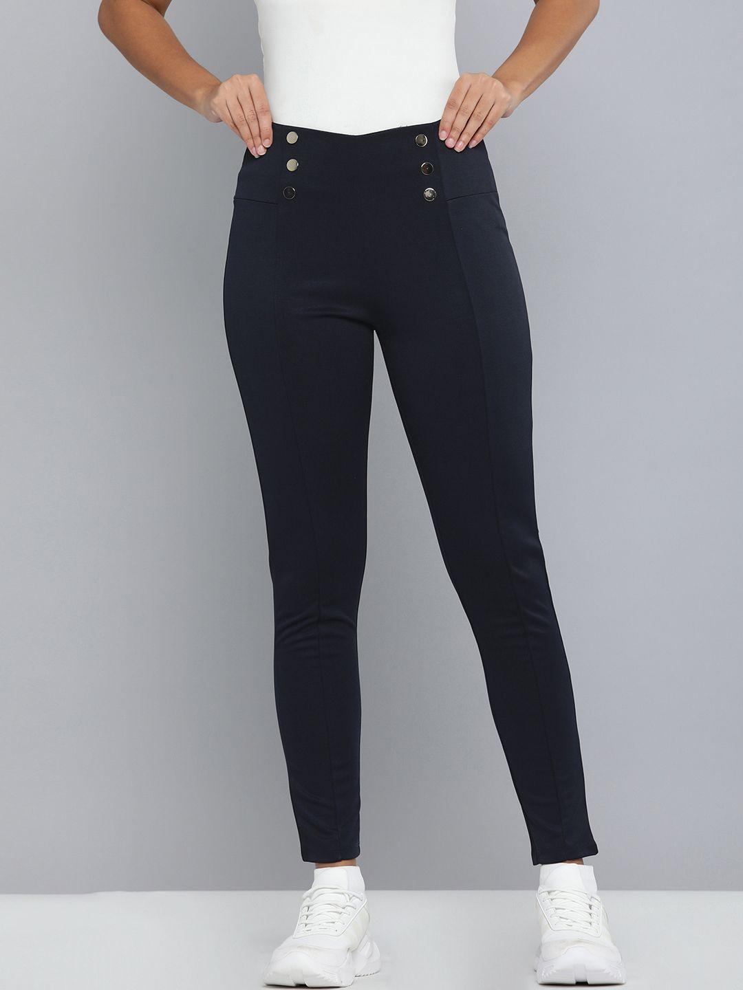 here&now women navy blue solid treggings